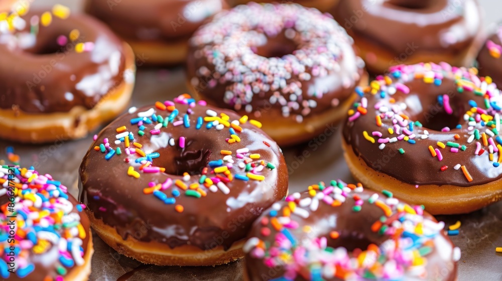 Chocolate covered donuts with colorful sprinkles Chocolate covered donuts with colorful sprinkles