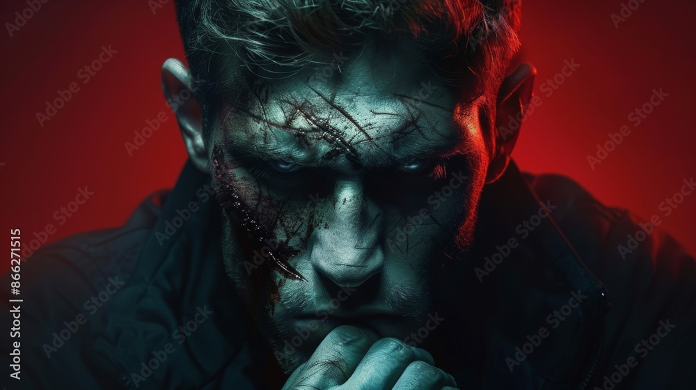 Intense portrait of a gritty man with dark atmosphere Intense portrait of a gritty man with dark atmosphere