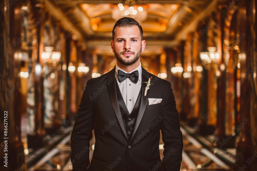 Fototapeta premium Elegant groom in black tuxedo at luxurious venue