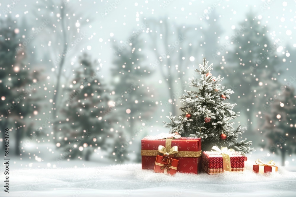 Christmas background with gift boxes and christmas trees in snowy forest Christmas background with gift boxes and christmas trees in snowy forest