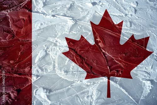 Ice hockey surface with Canadian flag. Top view. Canada Day illustration. Canada hockey banner.  photo