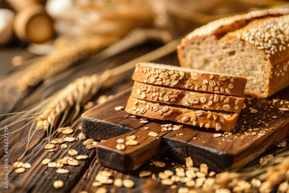 Rustic whole grain bread slices on wooden board with wheat ears Rustic whole grain bread slices on wooden board with wheat ears