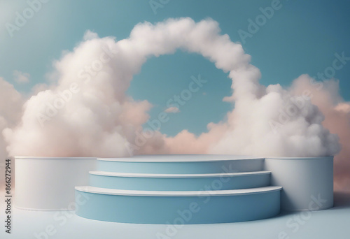 Cloud background podium blue 3d product sky white display platform render abstract stage pastel scen