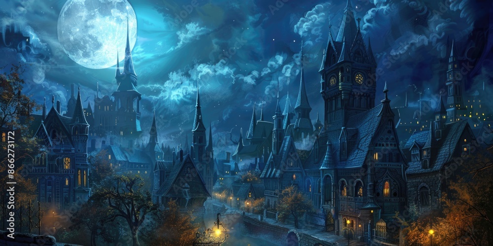 Obraz premium City night panorama, old fantasy style