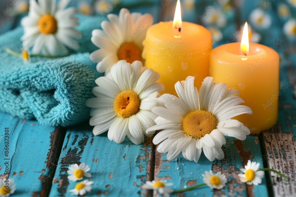 Soothing spa atmosphere with lit candles and fresh daisies on rustic wood Soothing spa atmosphere with lit candles and fresh daisies on rustic wood