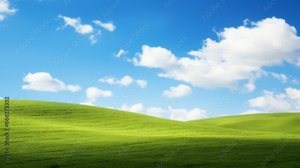 Scenic landscape of rolling green hills under a bright blue sky dotted with fluffy white clouds. Ideal for nature, environment, and travel themes. Scenic landscape of rolling green hills under a bright blue sky dotted with fluffy white clouds. Ideal for nature, environment, and travel themes.