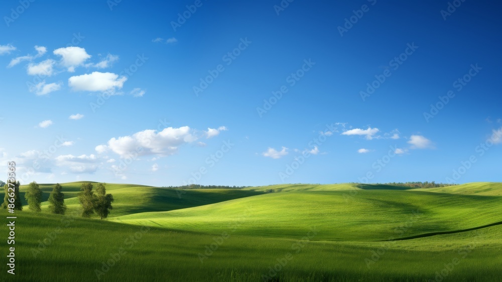 Serene landscape of rolling green hills, lush meadows under a bright blue sky with fluffy clouds. Concept of nature, tranquility, countryside, and idyllic scenery Serene landscape of rolling green hills, lush meadows under a bright blue sky with fluffy clouds. Concept of nature, tranquility, countryside, and idyllic scenery