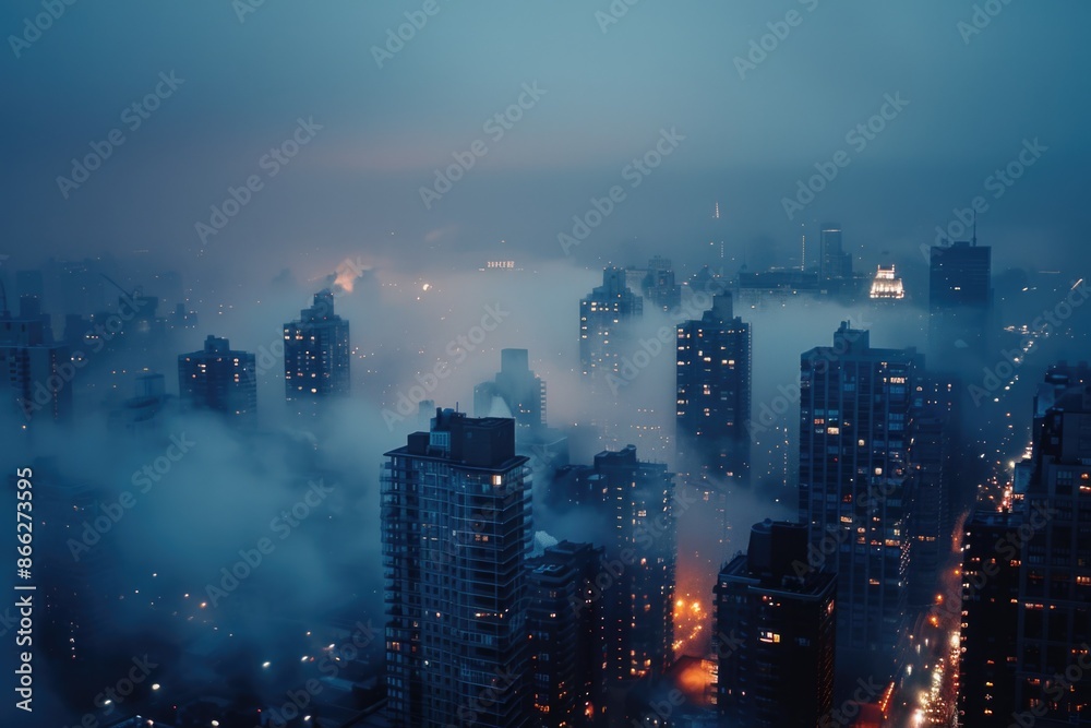 Obraz premium Cityscape shrouded in dense fog