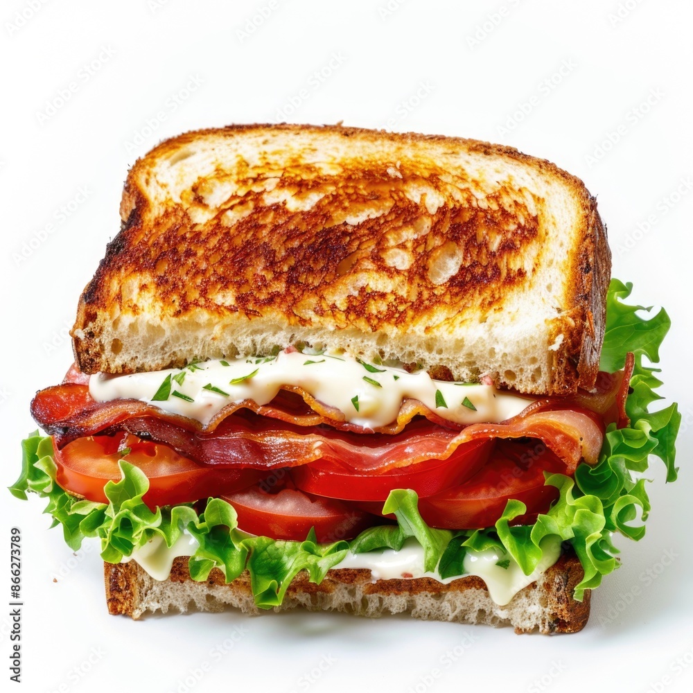 Classic BLT (Bacon, Lettuce, and Tomato) sandwich with mayonnaise on toasted bread, white background Classic BLT (Bacon, Lettuce, and Tomato) sandwich with mayonnaise on toasted bread, white background