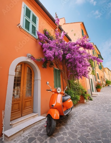 Orange scooter parked on a colorful Italian street