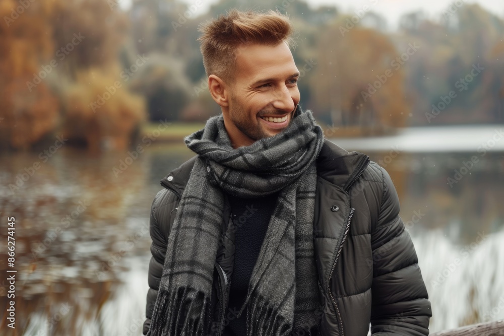 Smiling man enjoying autumn scenery by the lake Smiling man enjoying autumn scenery by the lake