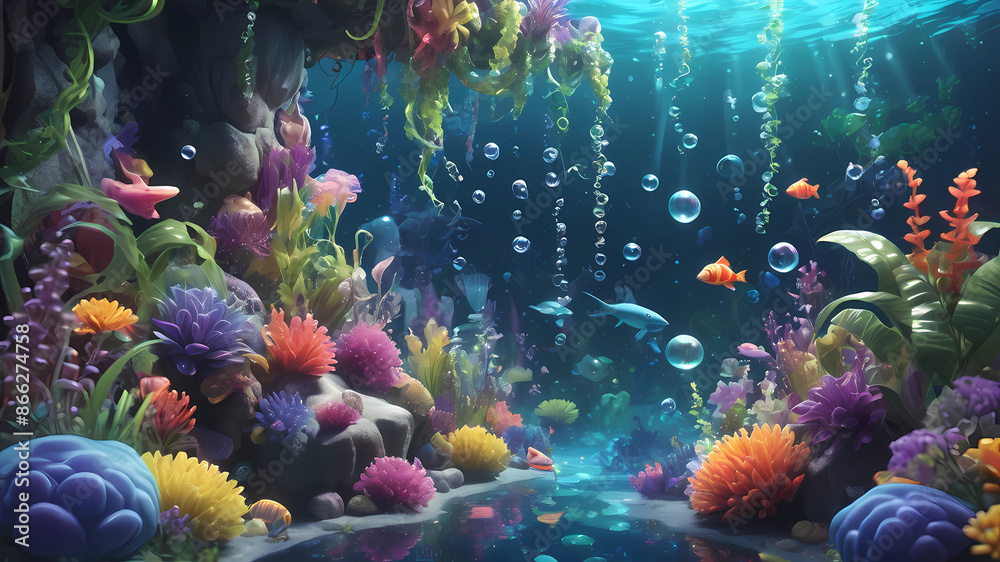 Fototapeta premium Create an under the sea scene with bright light, bubbles, plants, flowers and aquatic vines, bright, crisp and colorful colors, realistic 3d cartoon