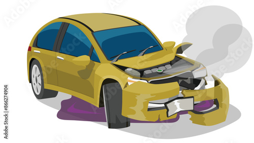 Yellow sedan car was severely damaged. The front bumper is broken. The front hood is bent. Steam smoke comes out of the boiler. With oil leak under of car. On isolated white background.