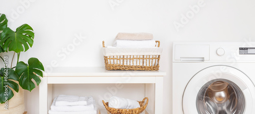 Cuadro en lienzo Light laundry room interior with washing machine, baskets and houseplant