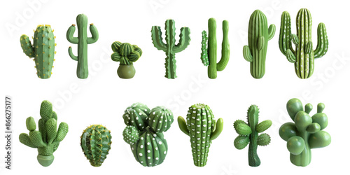 Set of 3D cactus plants on a white background.