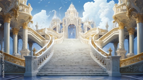 Majestic white marble staircase leading to a heavenly palace in the sky, digital art, fantasy illustration