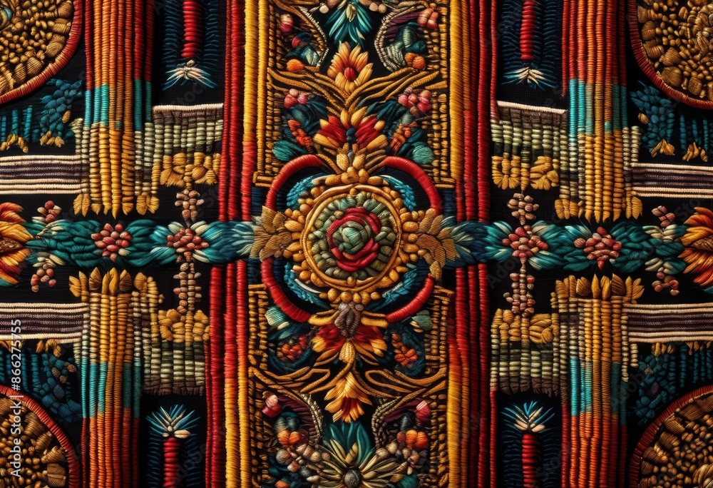 Obraz premium intricate woven tapestry close displaying detailed patterns textures, design, elaborate, ornate, complex, weaving, craftsmanship, textile, fabric, artistry