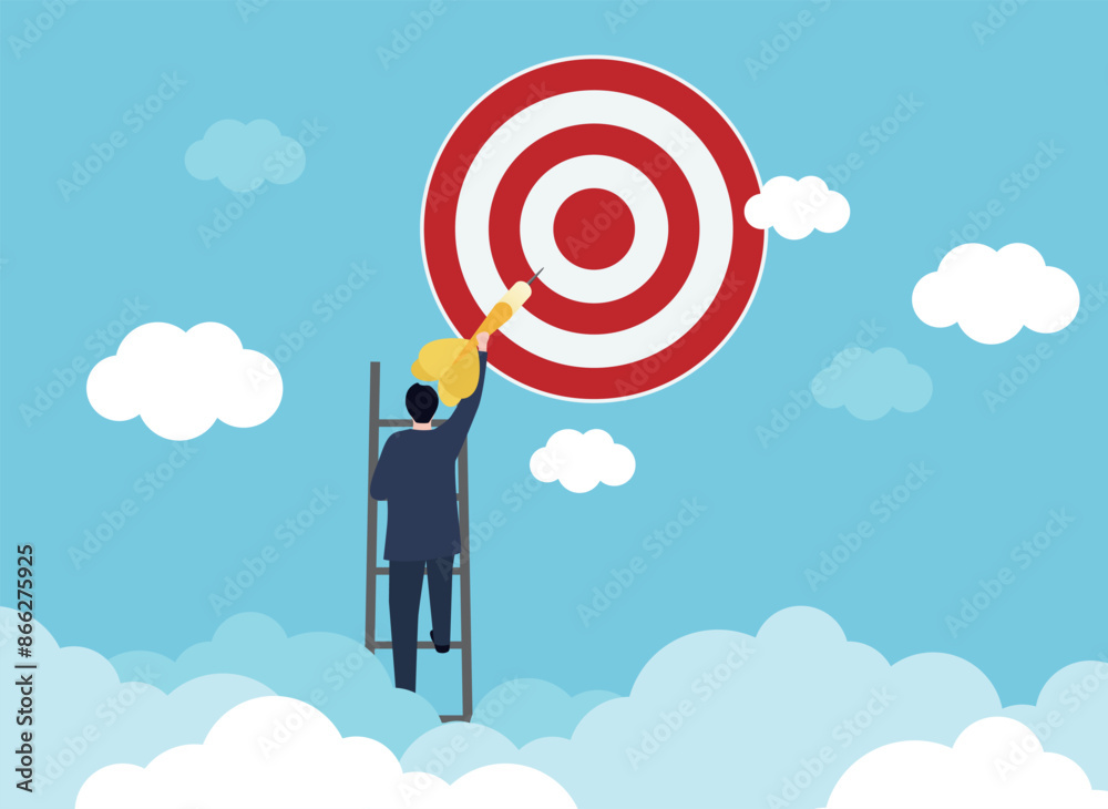 Success ladder, aspiration to achieve target, business goal or work purpose, aim for perfection concept, businessman climb up ladder high into the sky to aiming for perfect bullseye target dartboard. Success ladder, aspiration to achieve target, business goal or work purpose, aim for perfection concept, businessman climb up ladder high into the sky to aiming for perfect bullseye target dartboard.