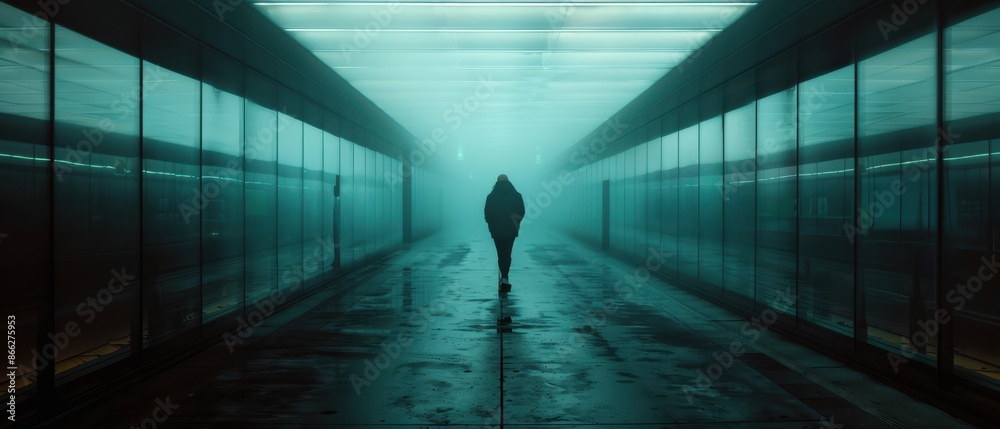 Mysterious Figure Walking in Foggy Underground Tunnel with Neon Lights Mysterious Figure Walking in Foggy Underground Tunnel with Neon Lights