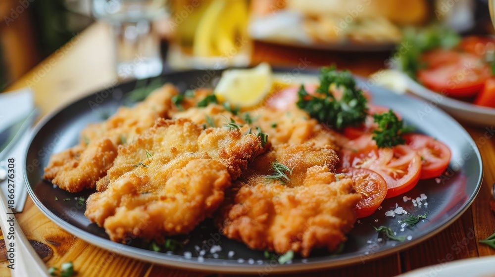 Close up of delicious Wiener schnitzel on the table, international and popular food concept Close up of delicious Wiener schnitzel on the table, international and popular food concept