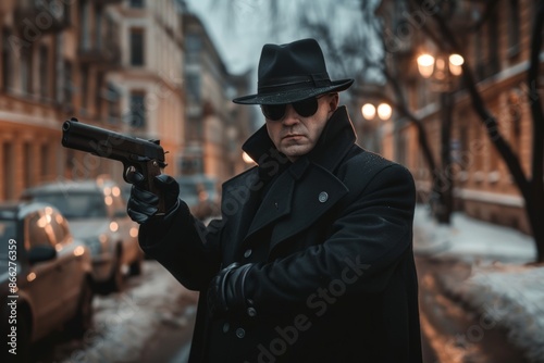 Mysterious man in overcoat aiming a gun on a city street at dusk