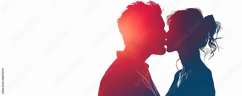 Silhouette of a couple kissing, sunset gradient background, romantic ...