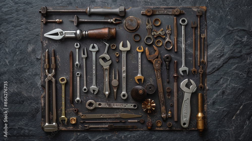 Fototapeta premium A square of assorted engineering tools on a dark grey backdrop.