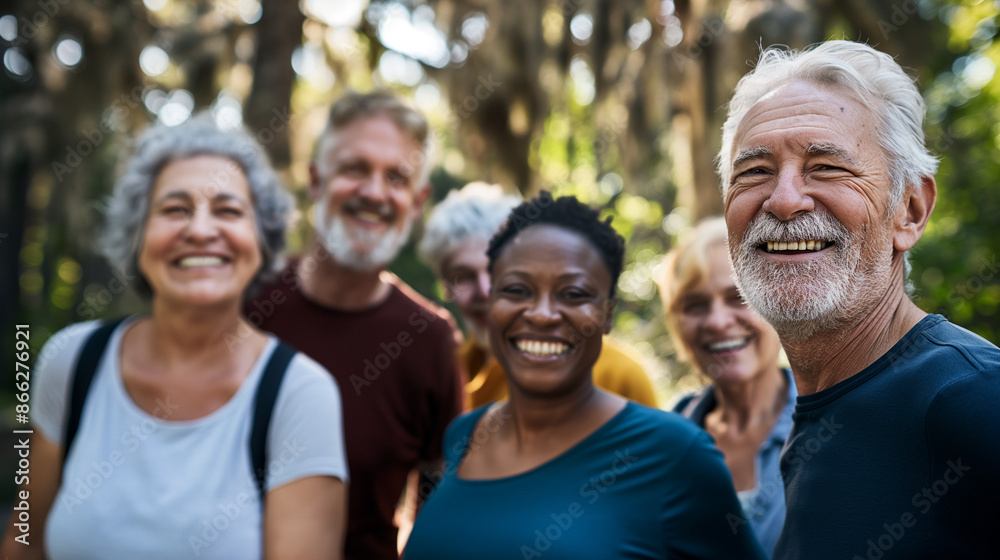 Diverse group of senior citizens smiling during a nature hike, showcasing friendship and active lifestyle among elderly people in a lush forest setting.