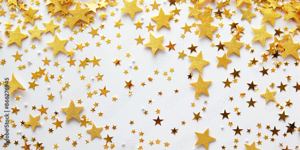 Golden stars confetti on white background, top view. Festive decoration Golden stars confetti on white background, top view. Festive decoration