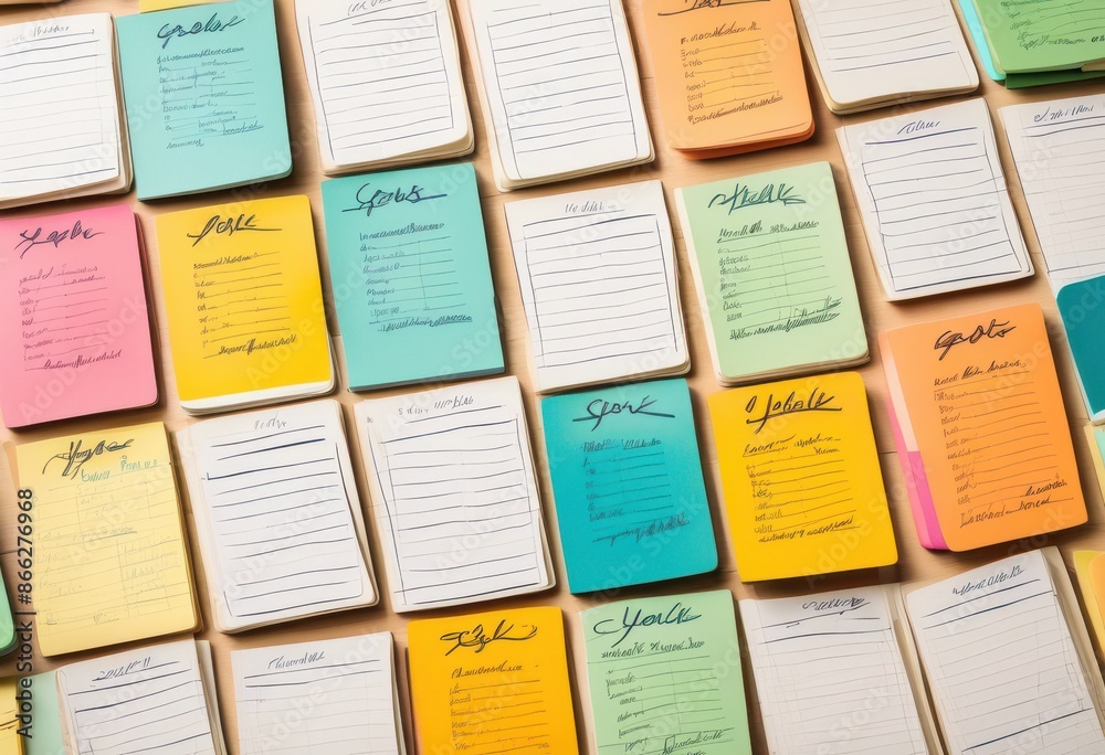 Obraz premium handwritten health goals notepads motivation focus, paper, pen, stationary, notebook, list, planning, organization, tracking, personal, development, progress
