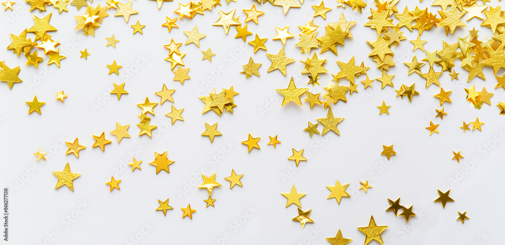 Golden stars confetti on white background, top view. Festive decoration Golden stars confetti on white background, top view. Festive decoration