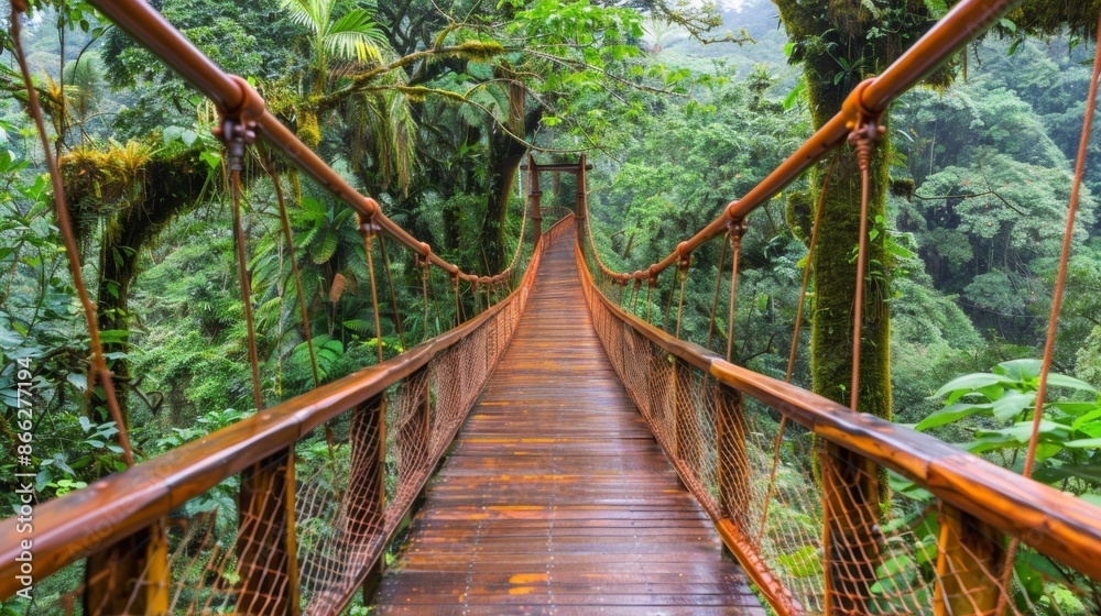 Misty jungle suspension bridge in lush rainforest Misty jungle suspension bridge in lush rainforest