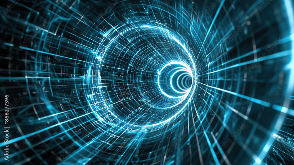 Fototapeta premium Abstract Blue and Green Grid Pattern on Black Background with Central Light Passage, Resembling a Wormhole or Portal.