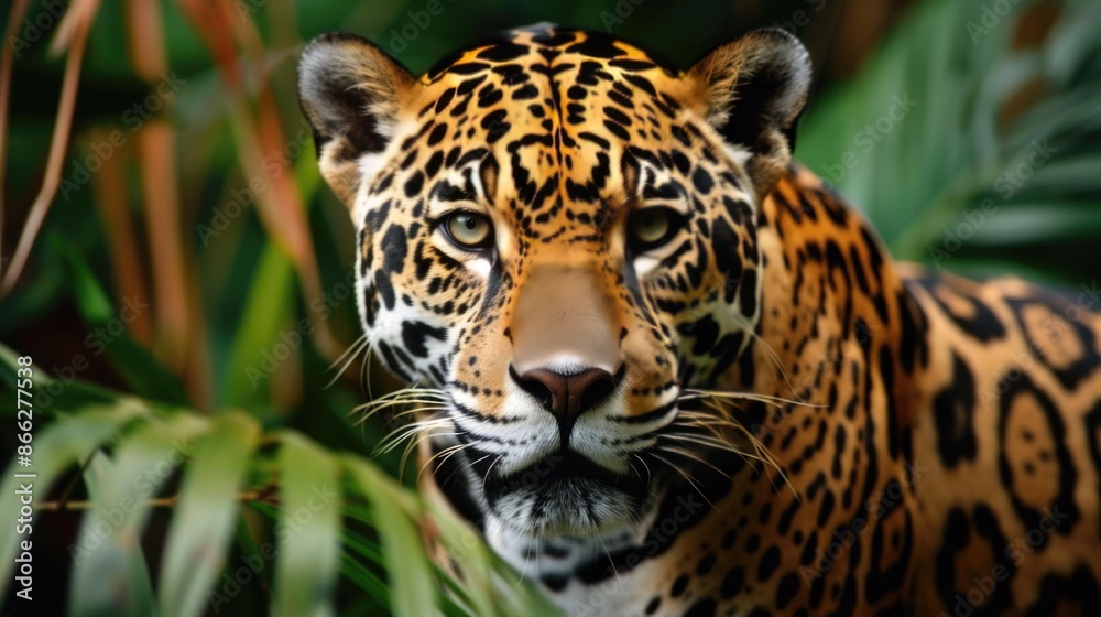 Obraz premium Close up portrait of a jaguar in the tropical jungle.