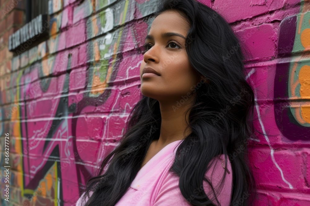 Serene woman against colorful graffiti wall in urban setting Serene woman against colorful graffiti wall in urban setting