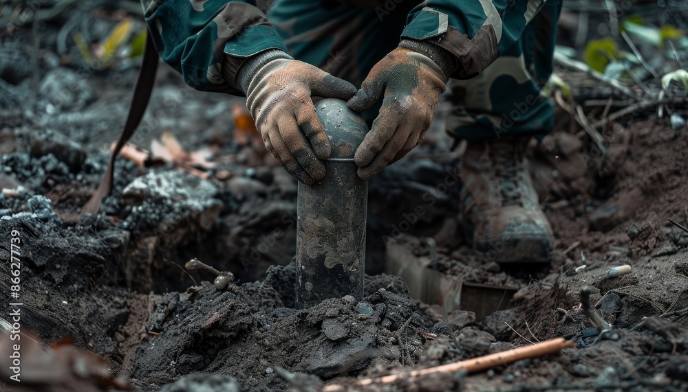 A soldier places an explosive mine with his hands in a shallow hole A soldier places an explosive mine with his hands in a shallow hole