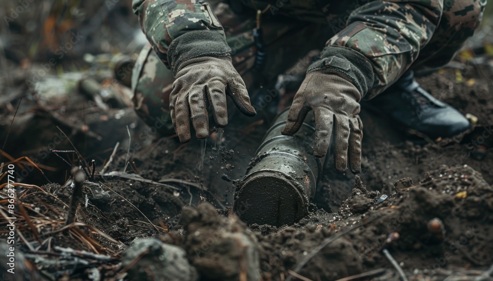 A soldier places an explosive mine with his hands in a shallow hole A soldier places an explosive mine with his hands in a shallow hole