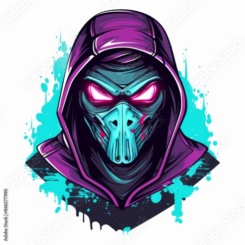Neon Cyberpunk Ninja. Masked Warrior with Glowing Eyes photo