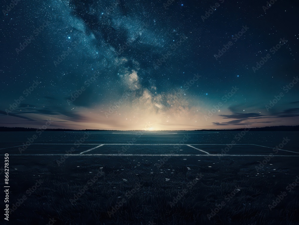 Stunning Night Sky with Milky Way Over a Football Field in a Serene Countryside Setting Stunning Night Sky with Milky Way Over a Football Field in a Serene Countryside Setting