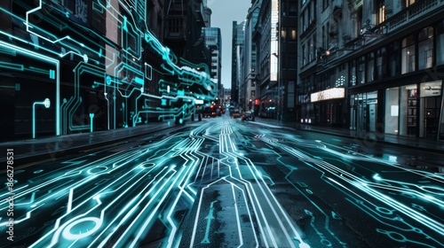 A city street transformed into a digital circuit board, symbolizing the urban landscape's transformation in the digital age, Techno-urban backdrop