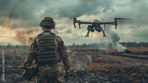 A soldier with his back to the camera launches a drone with explosives to fly towards the enemy