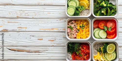 Nutritious Food Containers Displayed on White Wooden Background with Space for Text. Concept Healthy Eating, Food Presentation, Meal Prep, Food Styling, Clean Eating photo