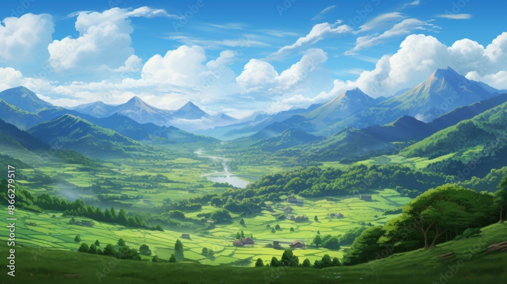 Fototapeta premium Stunning digital art of a lush green valley, river flowing through fields and mountains under blue sky. Ideal for nature, travel, and fantasy themes.