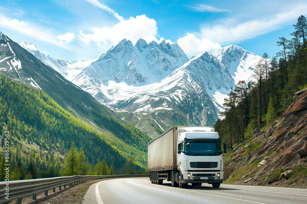 Photo of a white truck on the mountain road Photo of a white truck on the mountain road