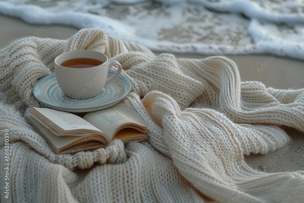 A cup tea or coffee on sand beach in front of the sea professional photography A cup tea or coffee on sand beach in front of the sea professional photography