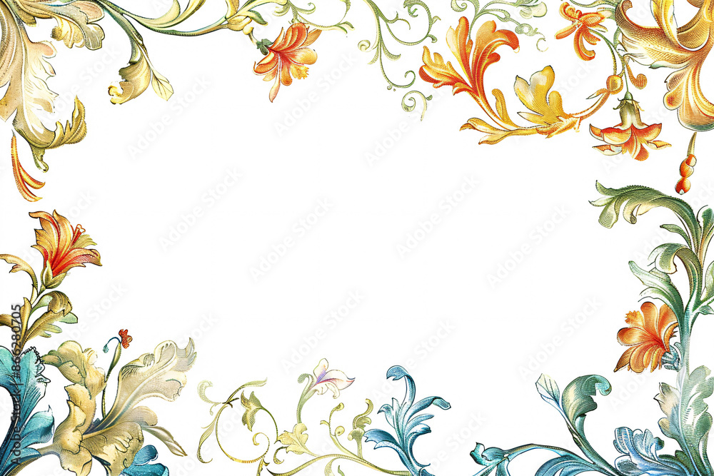 An elegant floral frame with vibrant flowers and leaves on a white background An elegant floral frame with vibrant flowers and leaves on a white background