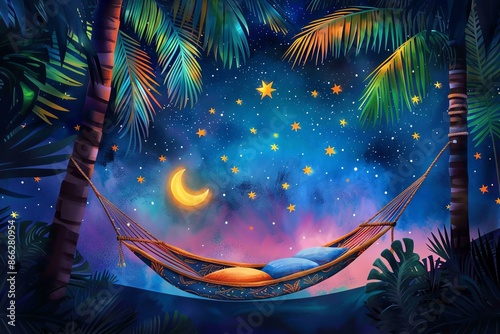 Peaceful hammock under a starry night sky with crescent moon and tropical palm trees, evoking relaxation and serenity.