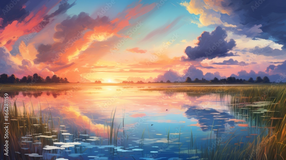 Serene Sunset over Tranquil Lake. A Colorful Landscape Painting Serene Sunset over Tranquil Lake. A Colorful Landscape Painting
