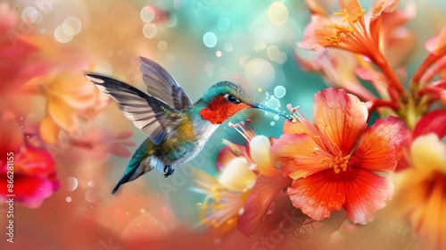 Vibrant hummingbird feeding on colorful flowers with a dreamy background, showcasing nature's beauty and delicate details.