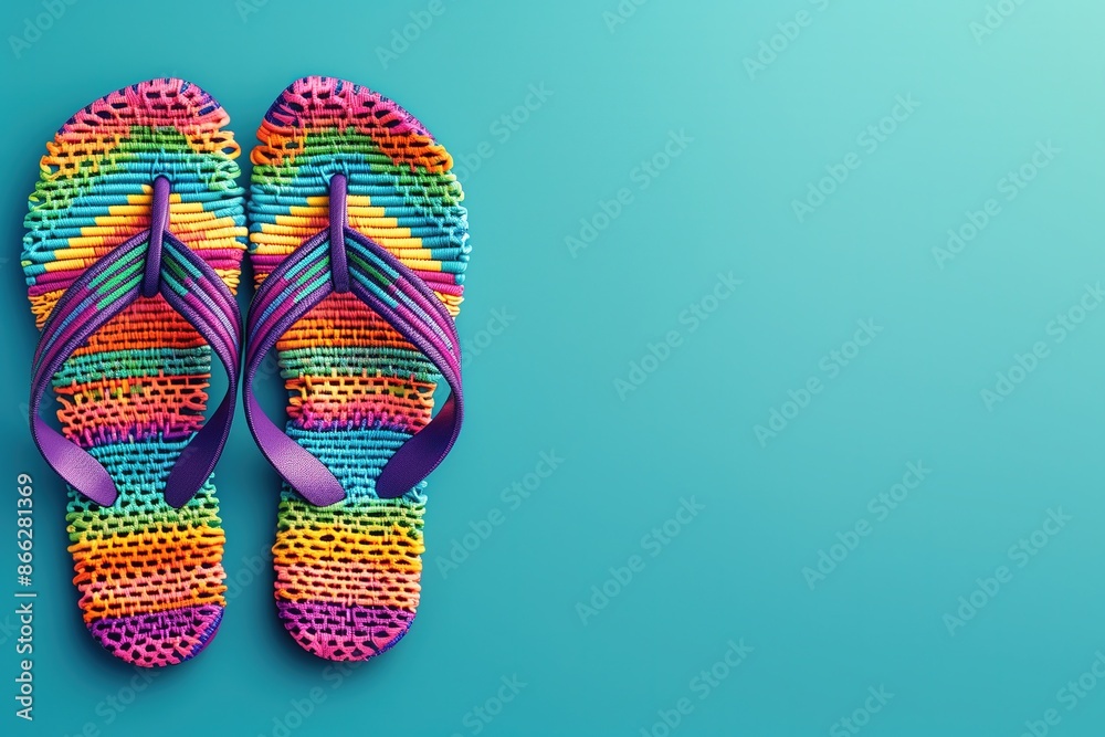 Colorful Rainbow Woven Flip Flops on Turquoise Background, Space For Copy Text
Colorful Rainbow Woven Flip Flops on Turquoise Background, Space For Copy Text